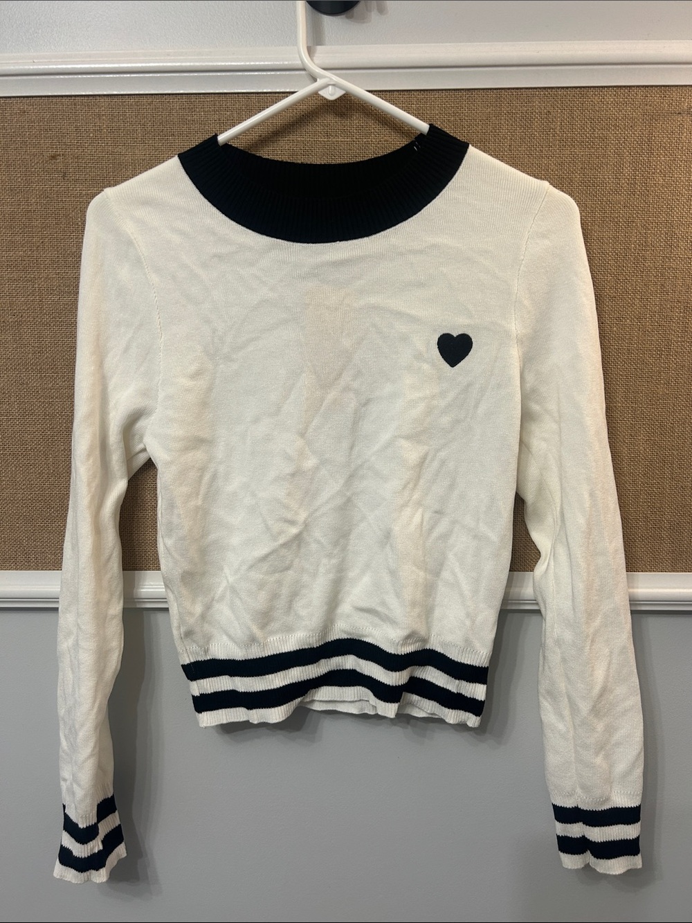 Cream Knit Pullover with Black Trim and Heart Accent